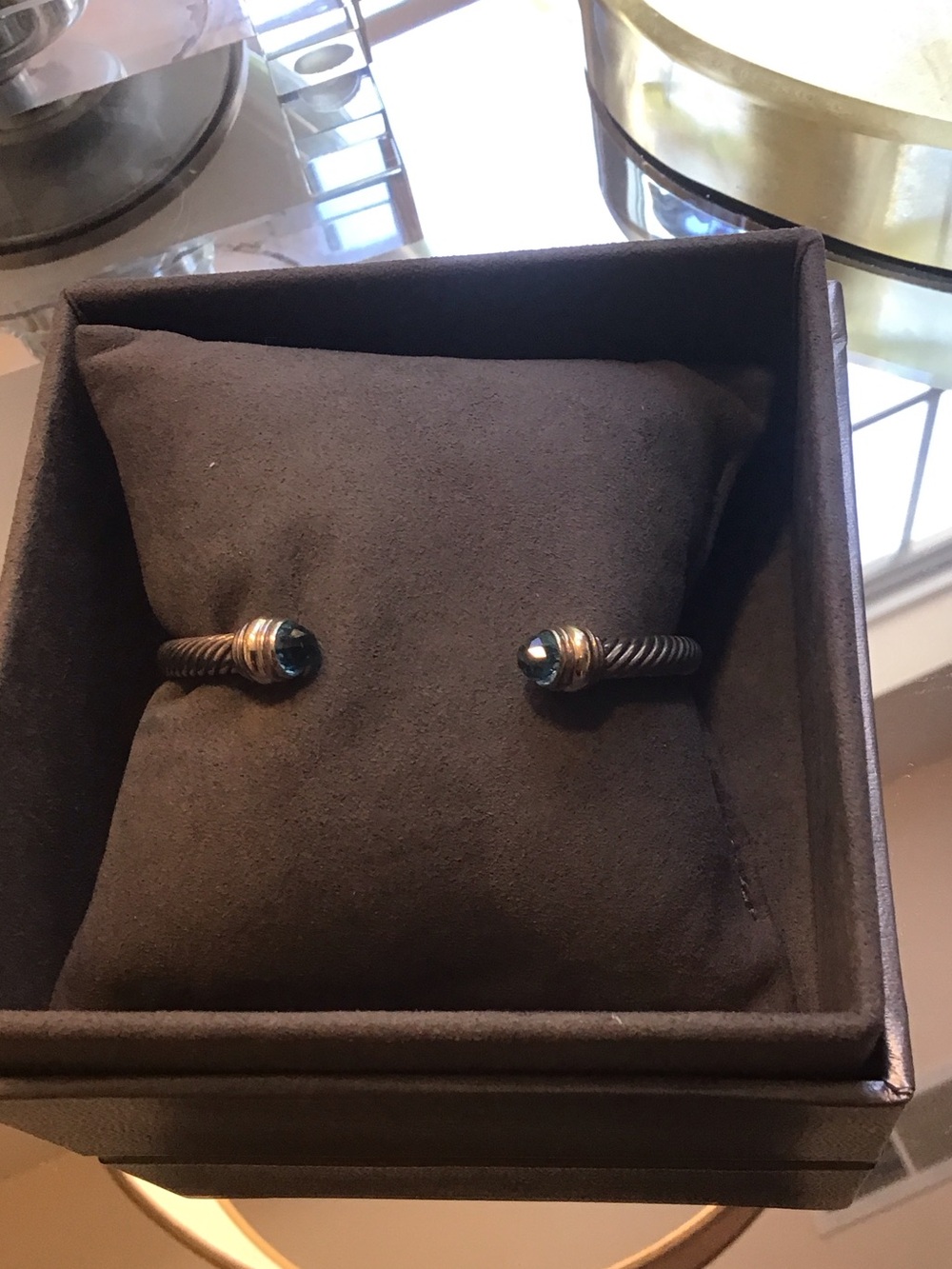 David Yurman Blackened Silver Cable Cuff with Blue Gem Endcaps